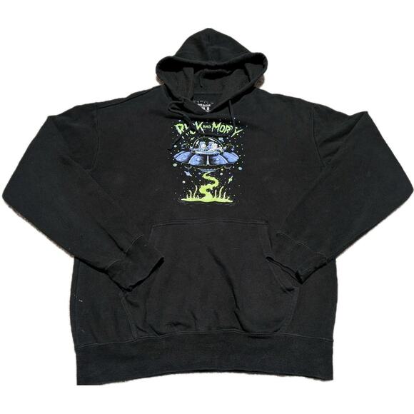 Rick and Morty Sweater Men Sz Small Black Hoodie Spaceship Dumping Pull Over - Picture 1 of 5